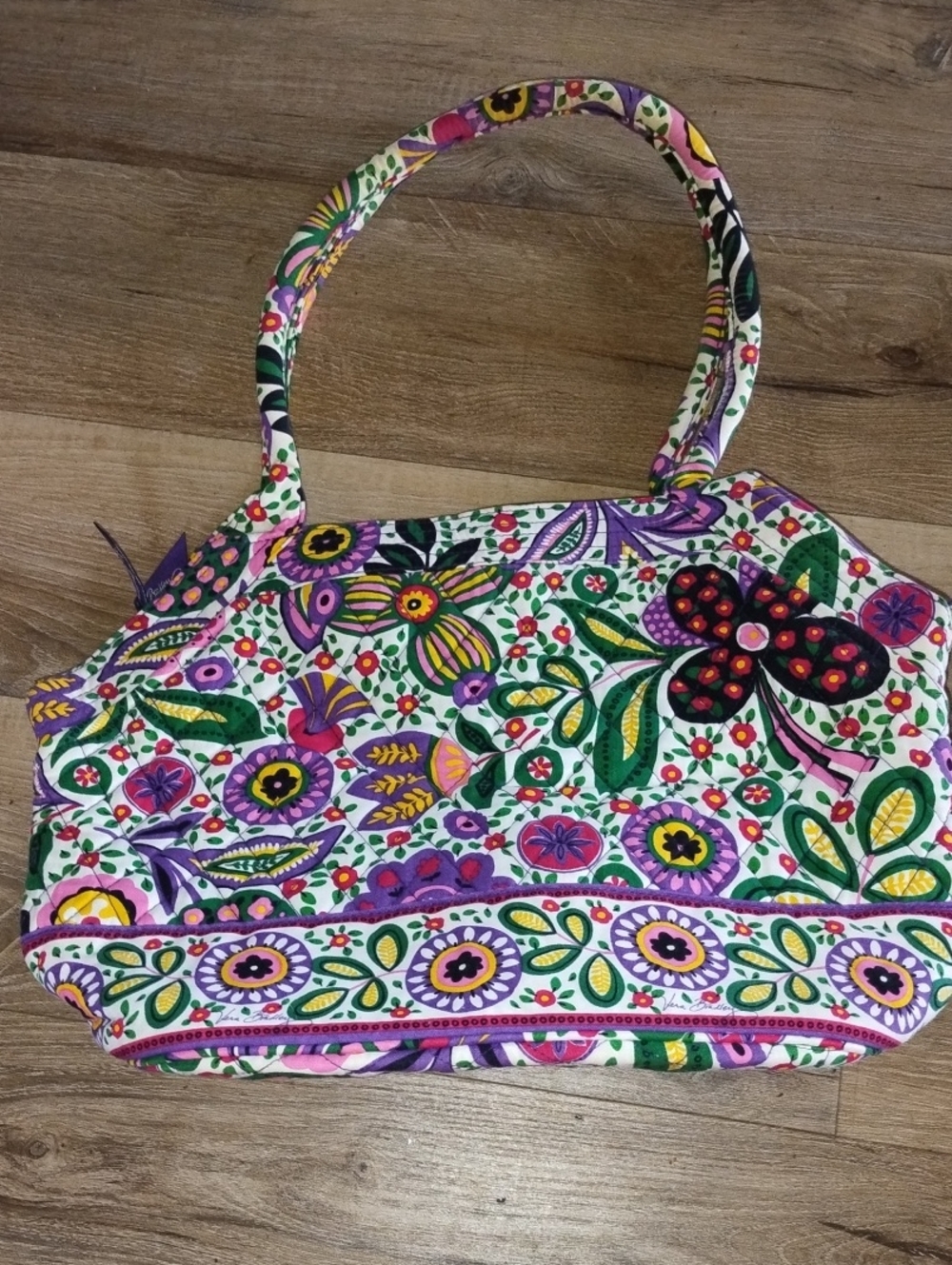 Vera Bradley White Floral Quilted Shoulder Bag with Purple & Green Accents